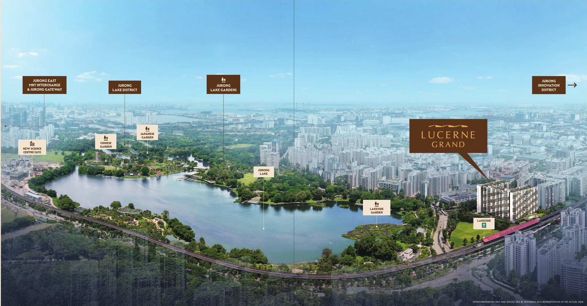 Labelled aerial view showing Lucerne Grand beside Jurong Lake Gardens, Jurong Lake District and Lakeside MRT